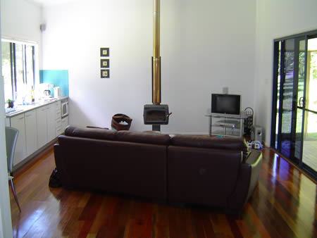 Kitchen and entertainment area view.