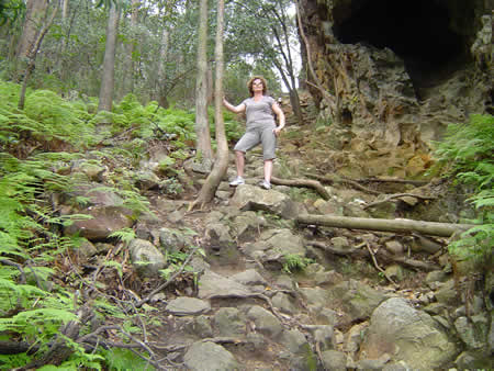 Maureen taking a break while stepping down the rocky track of Mt Ngungun