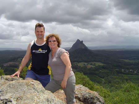 Maureen and I on top of Mt Ngungun with Mt Coonowrin and Mt Beerwah behind us